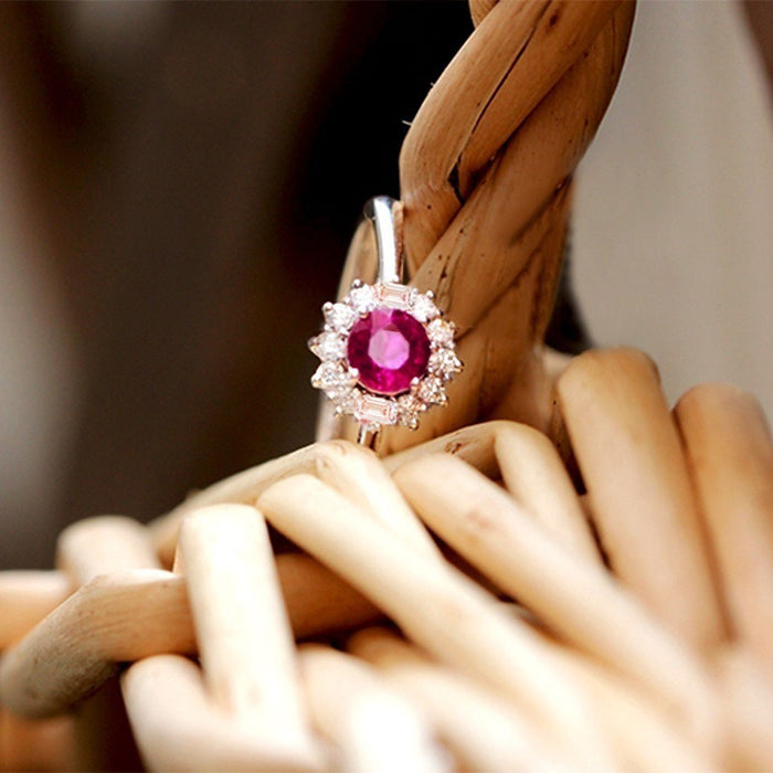 Vintage red zircon ring floral shape women's ring - wallojewerly 