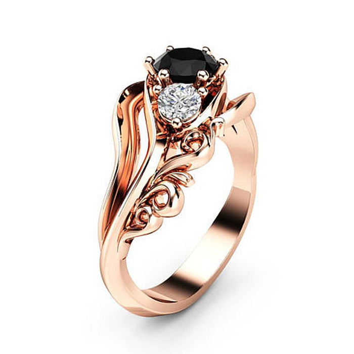 Anillo de circonita negra con flor de moda, anillo exquisito