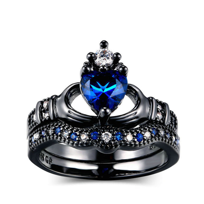 Double Sapphire Crown Ring Women's Black Gold Wedding Ring