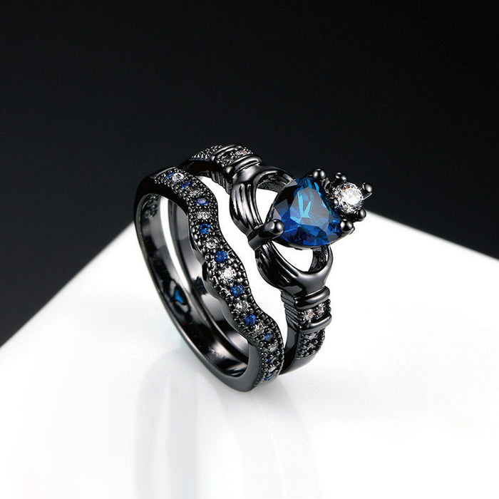 Double Sapphire Crown Ring Women's Black Gold Wedding Ring