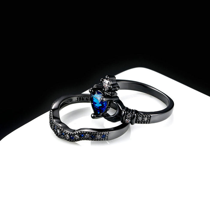 Double Sapphire Crown Ring Women's Black Gold Wedding Ring