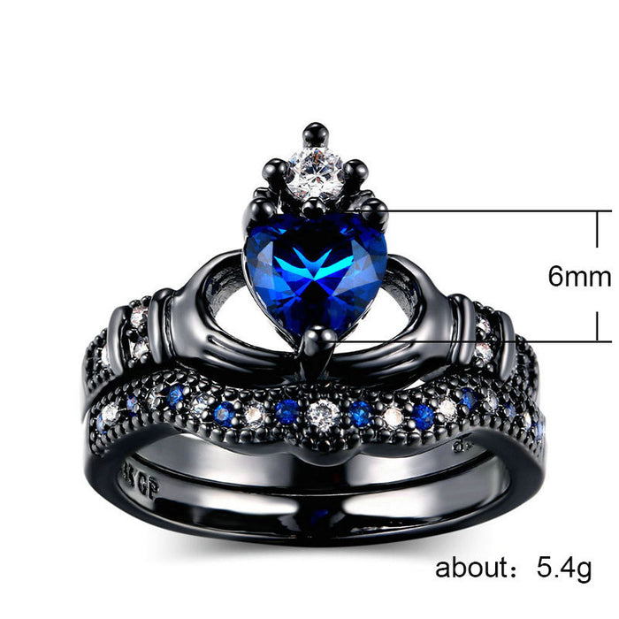 Double Sapphire Crown Ring Women's Black Gold Wedding Ring