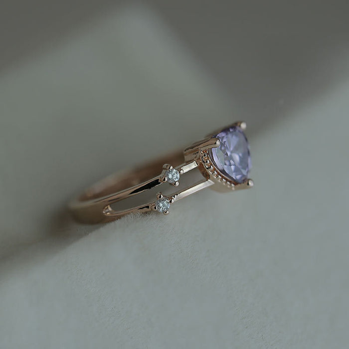 Rose gold and purple zircon heart ring