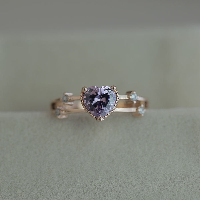 Rose gold and purple zircon heart ring