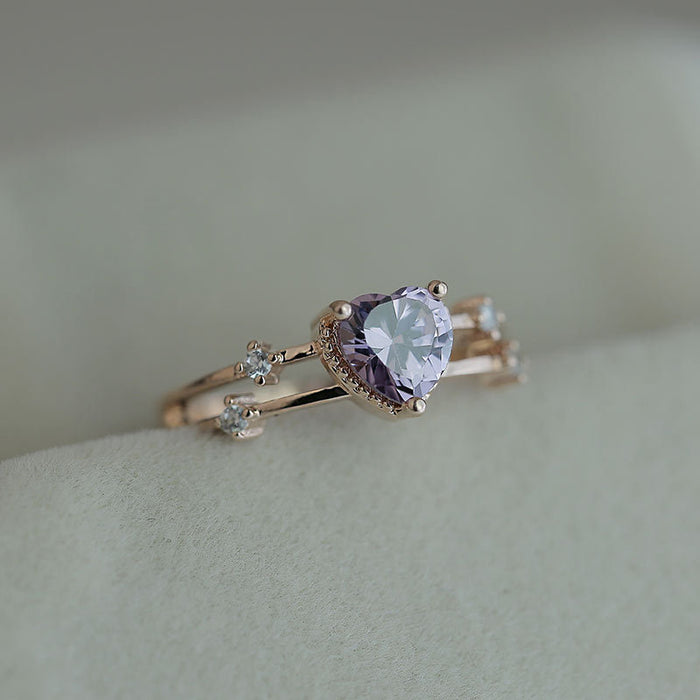 Rose gold and purple zircon heart ring