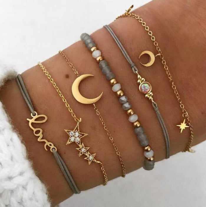 Love Star and Moon Bracelet Set – Simple Six-Piece Jewelry