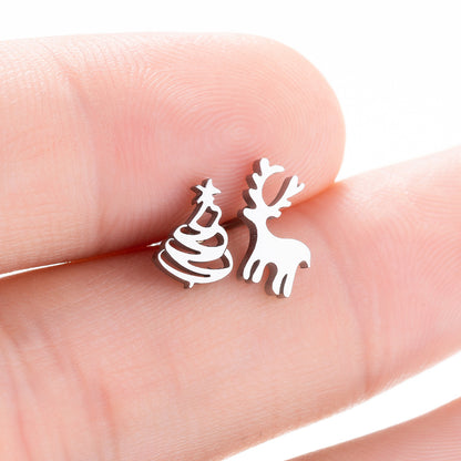 Reindeer and Christmas Tree Asymmetric Stud Earrings - Perfect for Holiday Gifts