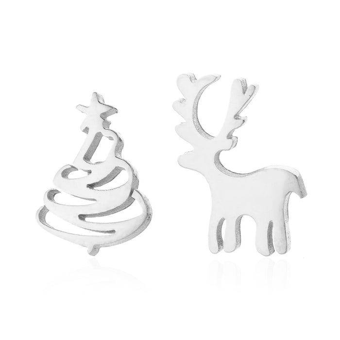 Reindeer and Christmas Tree Asymmetric Stud Earrings - Perfect for Holiday Gifts