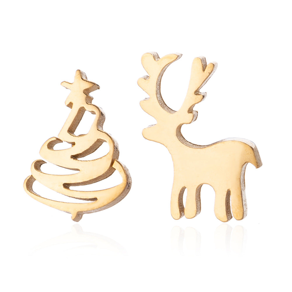 Reindeer and Christmas Tree Asymmetric Stud Earrings - Perfect for Holiday Gifts