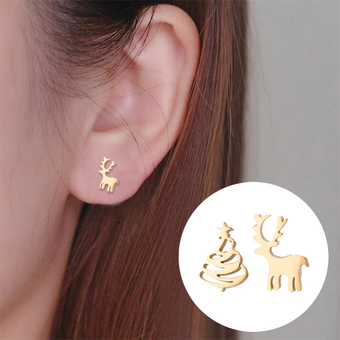 Reindeer and Christmas Tree Asymmetric Stud Earrings - Perfect for Holiday Gifts