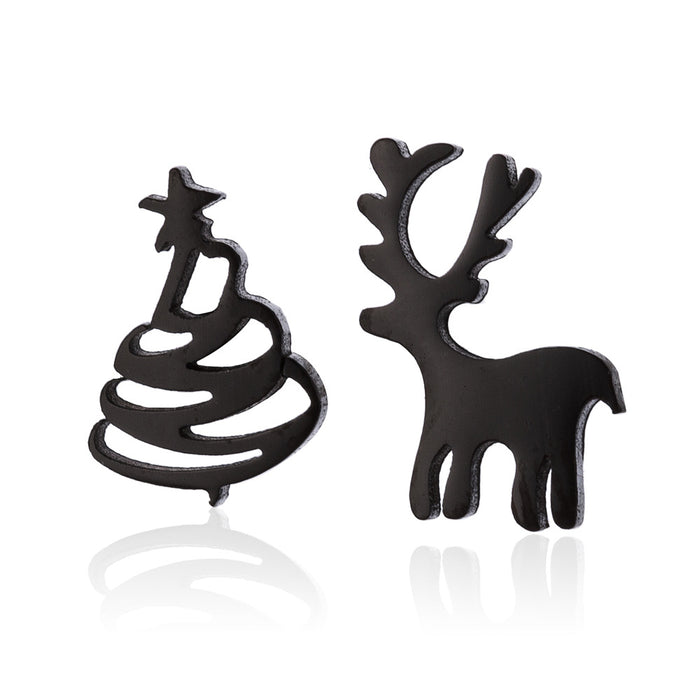 Reindeer and Christmas Tree Asymmetric Stud Earrings - Perfect for Holiday Gifts