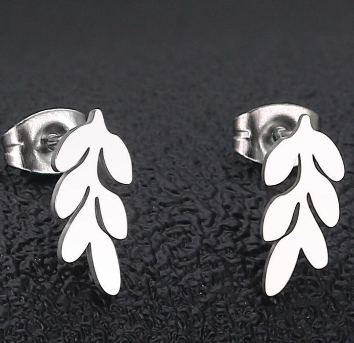 Feather and Leaf Stainless Steel Stud Earrings - Nature-Inspired Jewelry