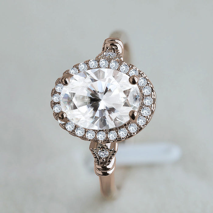 White gold plated zircon and diamond petal ring