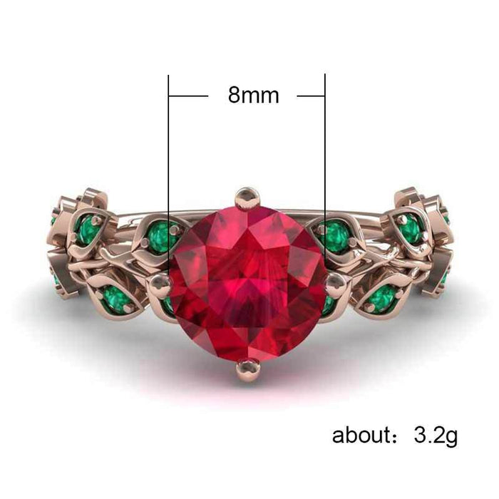 Anillo de diamantes de color flor roja y hoja verde, anillo de circonita bañado en oro rosa