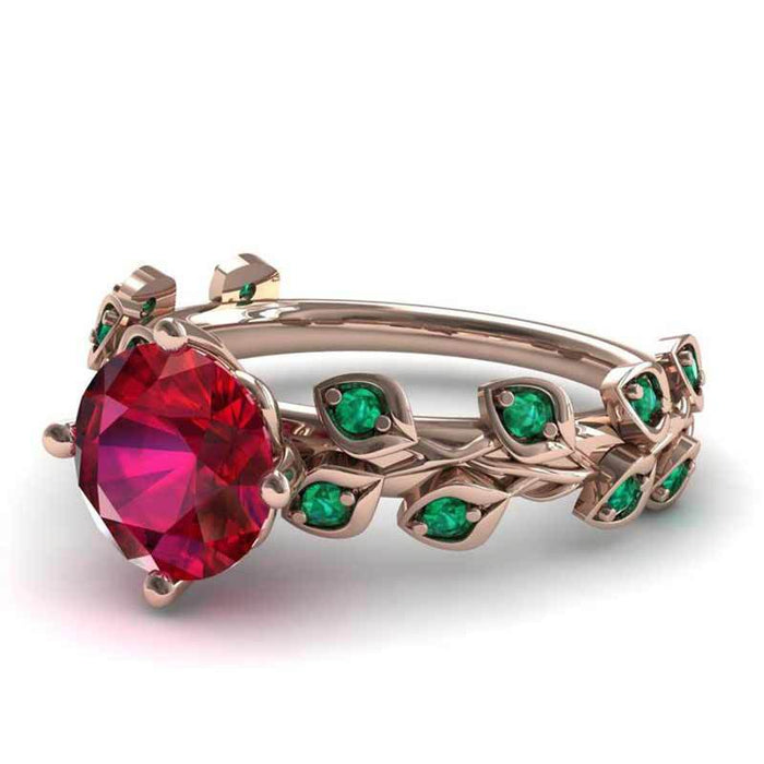 Anillo de diamantes de color flor roja y hoja verde, anillo de circonita bañado en oro rosa