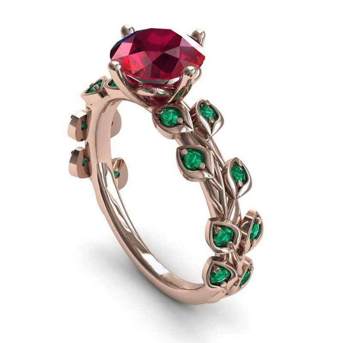 Anillo de diamantes de color flor roja y hoja verde, anillo de circonita bañado en oro rosa