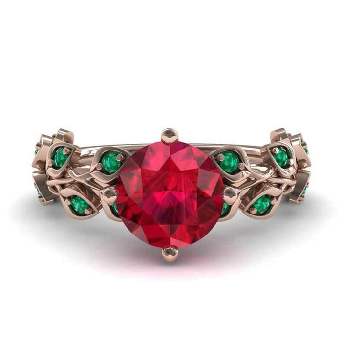 Anillo de diamantes de color flor roja y hoja verde, anillo de circonita bañado en oro rosa