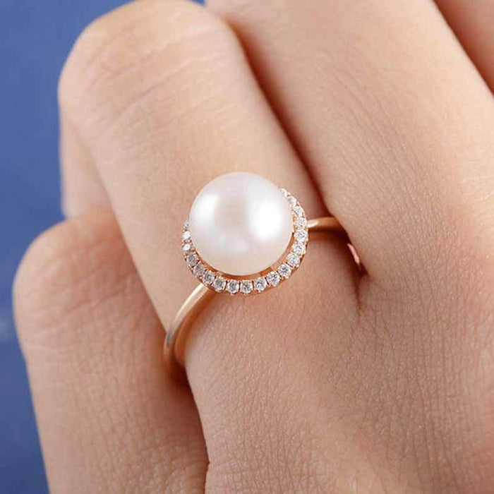 Artificial pearl rose gold plated zircon engagement ring for women