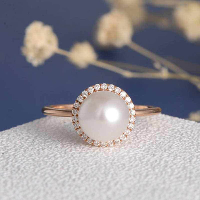 Artificial pearl rose gold plated zircon engagement ring for women