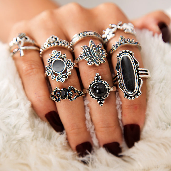 Black Gemstone Rhinestone Flower and Heart Rings - 11pcs Set