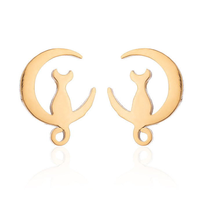 Cute Moon Cat Stainless Steel Stud Earrings - Simple and Stylish Animal Jewelry