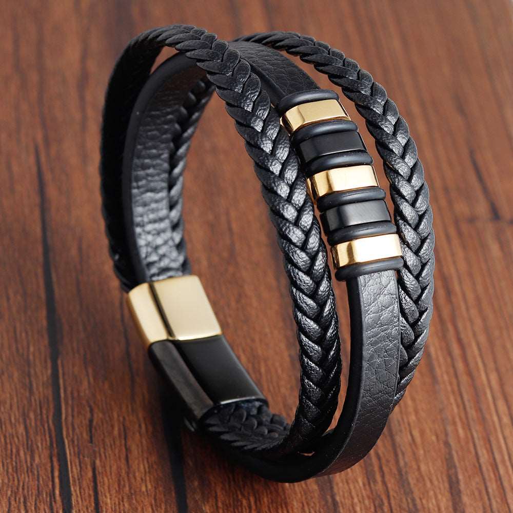 Bracelet Stainless Steel Leather Woven