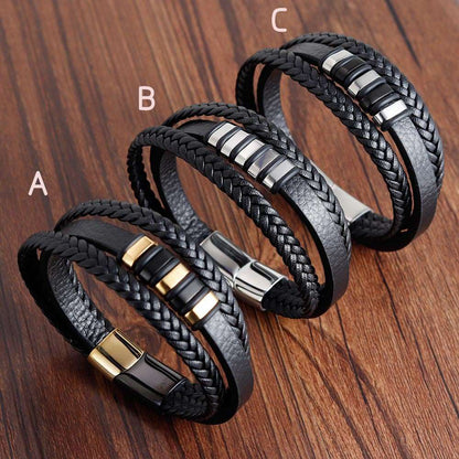 Bracelet Stainless Steel Leather Woven