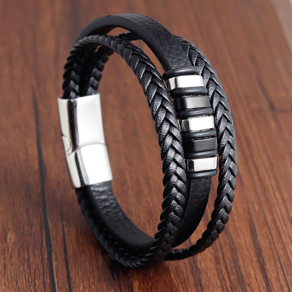 Bracelet Stainless Steel Leather Woven - wallojewerly 