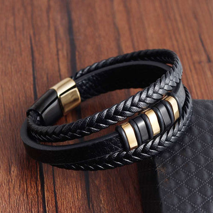 Bracelet Stainless Steel Leather Woven