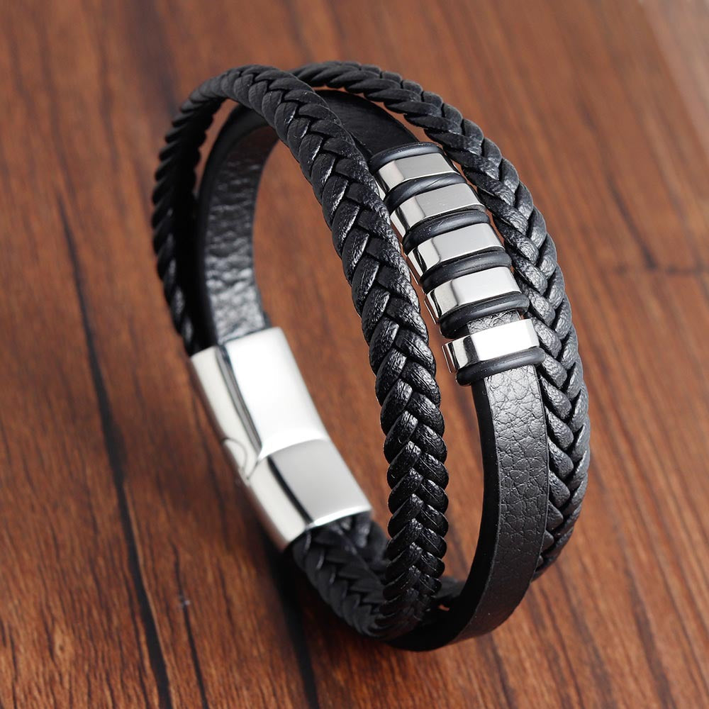 Bracelet Stainless Steel Leather Woven - wallojewerly 