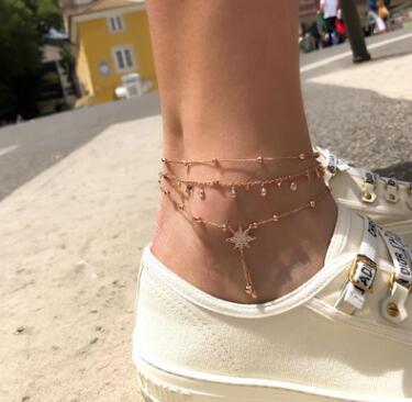 Set of 3 Ankle Bracelets with Six-Point Star Pendant and Beaded Chain - Fashion Alloy Anklets