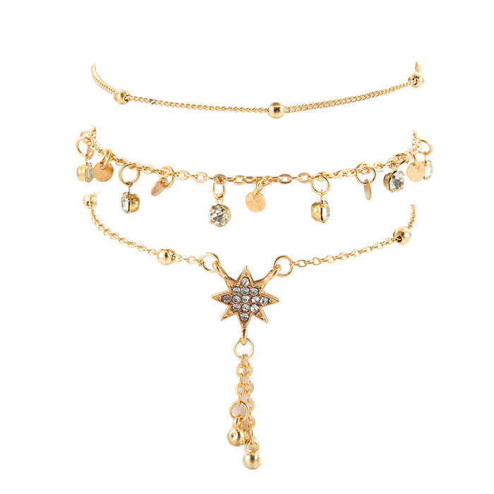 Set of 3 Ankle Bracelets with Six-Point Star Pendant and Beaded Chain - Fashion Alloy Anklets