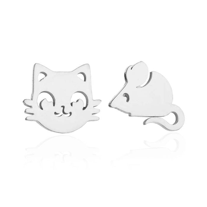 Cat and Mouse Asymmetric Stainless Steel Earrings - Fun and Playful Animal Jewelry