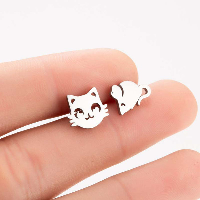 Cat and Mouse Asymmetric Stainless Steel Earrings - Fun and Playful Animal Jewelry