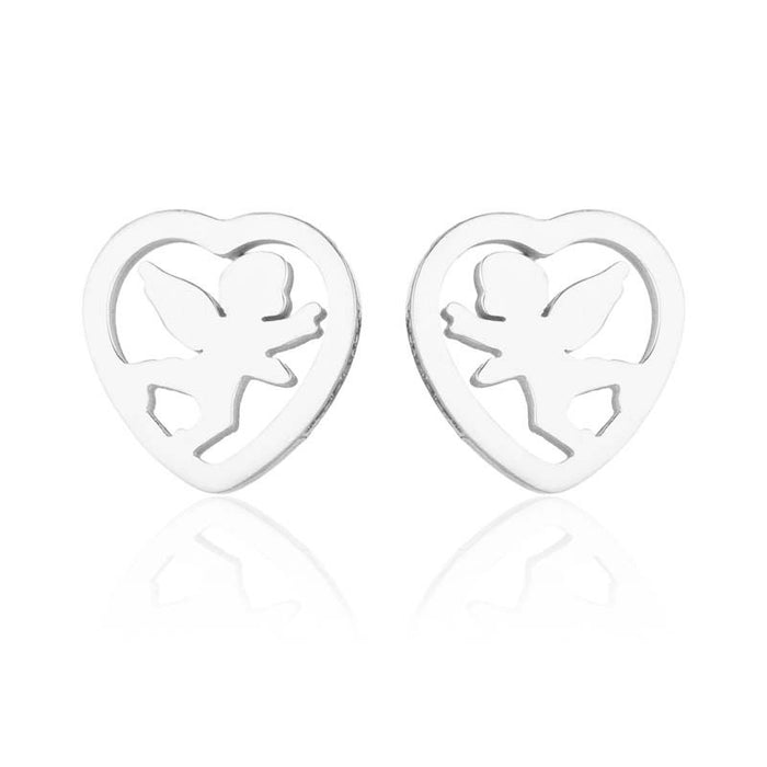 Heart and Angel Wing Stainless Steel Stud Earrings - Cute and Stylish Jewelry