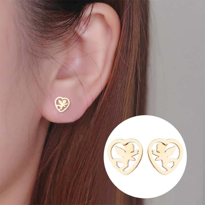 Heart and Angel Wing Stainless Steel Stud Earrings - Cute and Stylish Jewelry