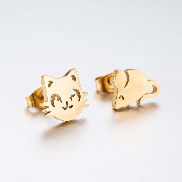 Cat and Mouse Asymmetric Stainless Steel Earrings - Fun and Playful Animal Jewelry