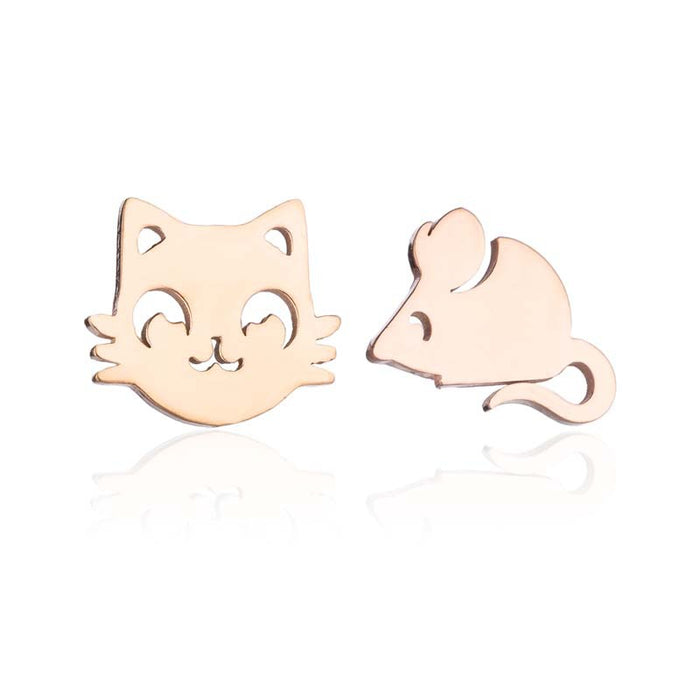 Cat and Mouse Asymmetric Stainless Steel Earrings - Fun and Playful Animal Jewelry