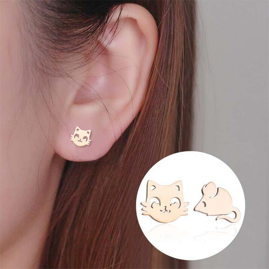 Cat and Mouse Asymmetric Stainless Steel Earrings - Fun and Playful Animal Jewelry