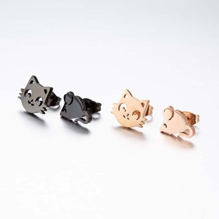 Cat and Mouse Asymmetric Stainless Steel Earrings - Fun and Playful Animal Jewelry