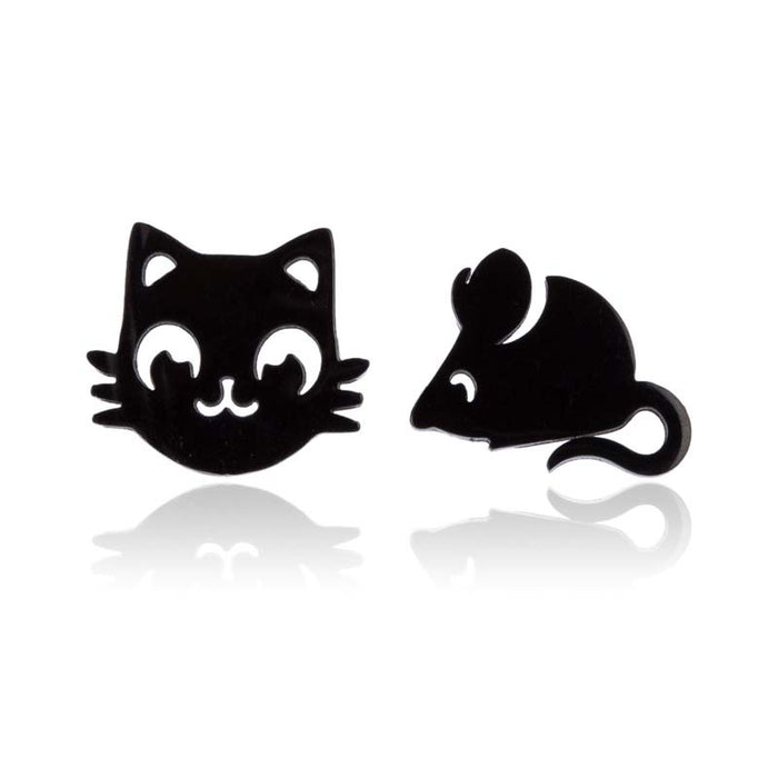 Cat and Mouse Asymmetric Stainless Steel Earrings - Fun and Playful Animal Jewelry