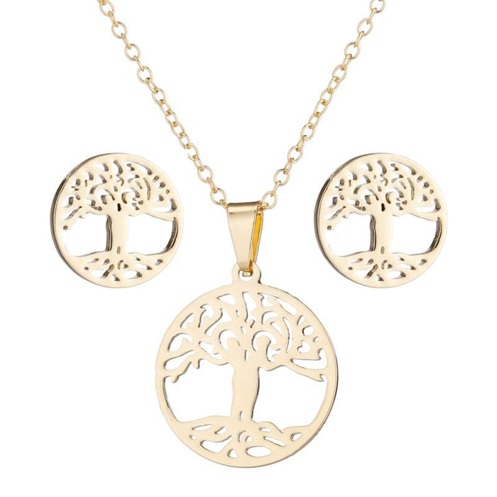 Conjunto de collar y pendientes con forma de árbol de la vida, serie de joyas de árbol de los deseos huecos de Europa y América, conjunto de tres piezas al por mayor