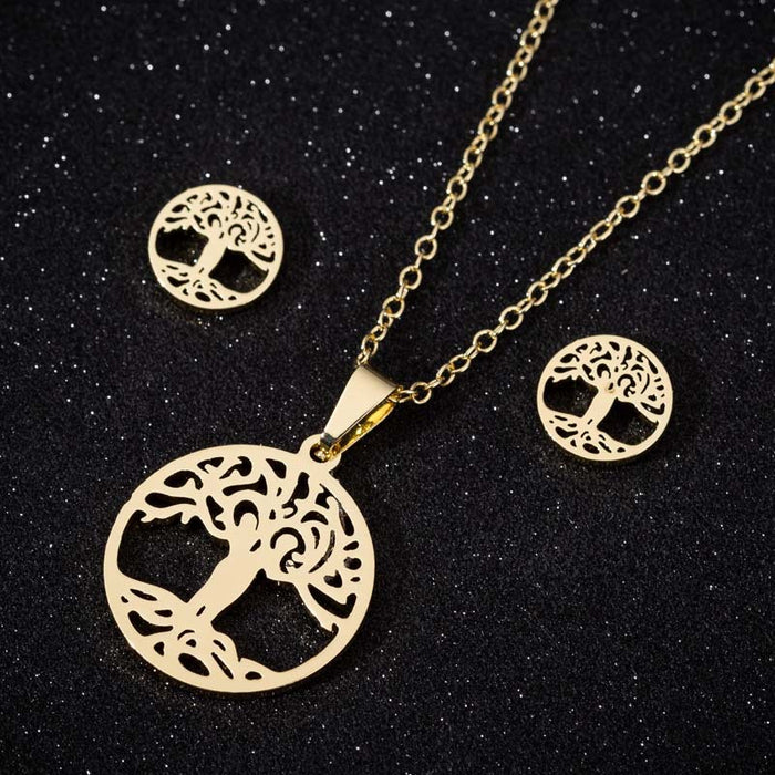 Conjunto de collar y pendientes con forma de árbol de la vida, serie de joyas de árbol de los deseos huecos de Europa y América, conjunto de tres piezas al por mayor