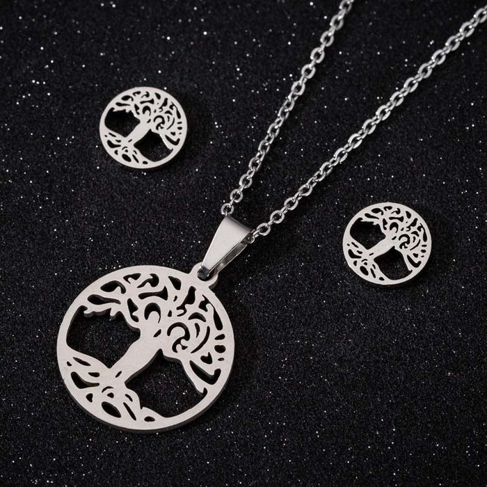 Conjunto de collar y pendientes con forma de árbol de la vida, serie de joyas de árbol de los deseos huecos de Europa y América, conjunto de tres piezas al por mayor