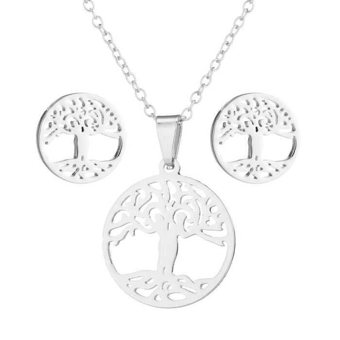 Conjunto de collar y pendientes con forma de árbol de la vida, serie de joyas de árbol de los deseos huecos de Europa y América, conjunto de tres piezas al por mayor