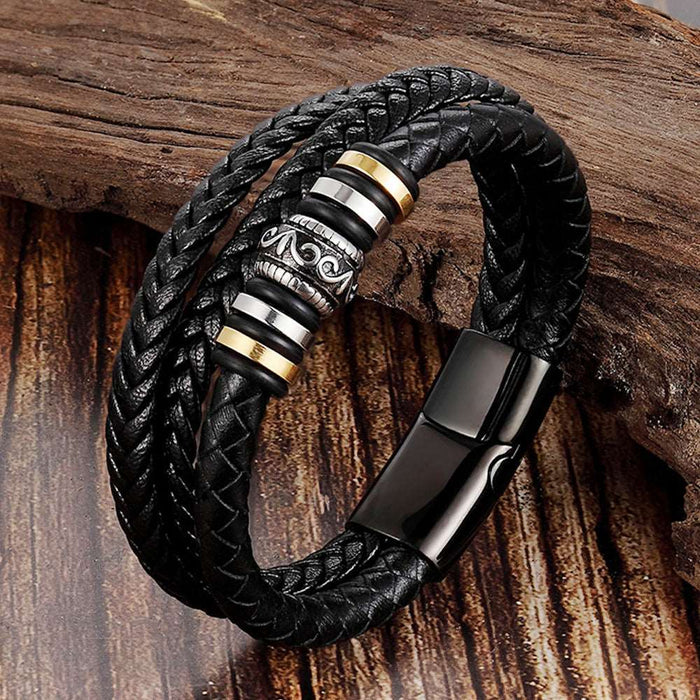 Bracelet Stainless Steel Genuine Leather Woven Multilayer