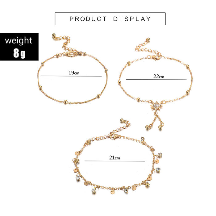 Set of 3 Ankle Bracelets with Six-Point Star Pendant and Beaded Chain - Fashion Alloy Anklets