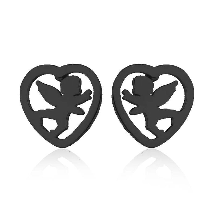 Heart and Angel Wing Stainless Steel Stud Earrings - Cute and Stylish Jewelry