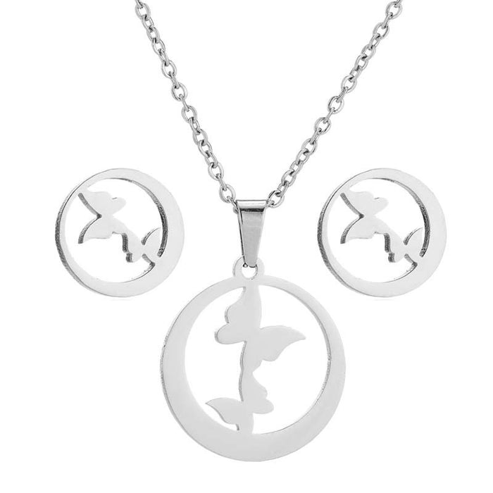 Butterfly necklace earrings set, stainless steel round two butterflies three-piece jewelry set spot wholesale