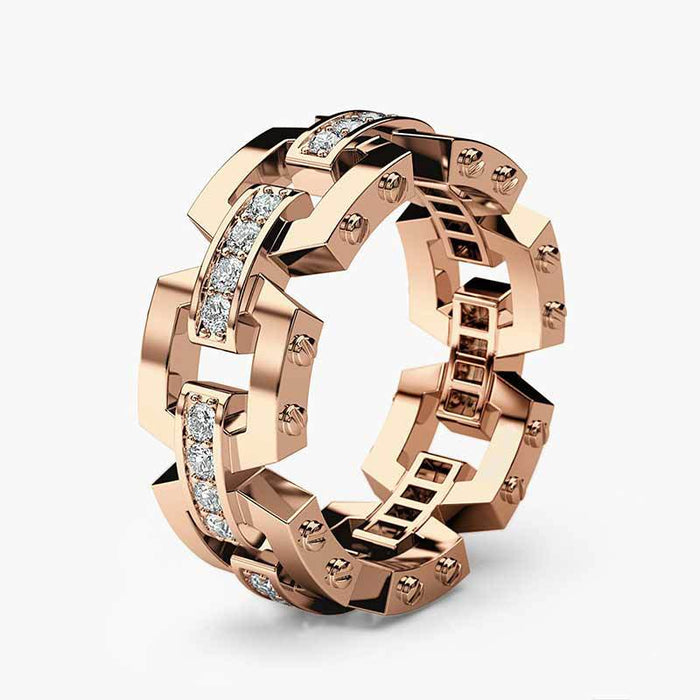 Anillo de celebración empresarial para hombre con incrustaciones de circonitas en oro rosa y baño de cobre